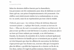 Lire la suite à propos de l’article Maître Cazals explique pourquoi il est difficile de faire reconnaître un abus de faiblesse, Le Parisien